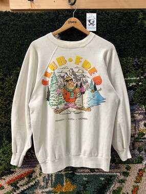 Vintage 1986 Club Fred The Flintstones Skiing Mammoth Aspen Snowbird Sweatshirt
